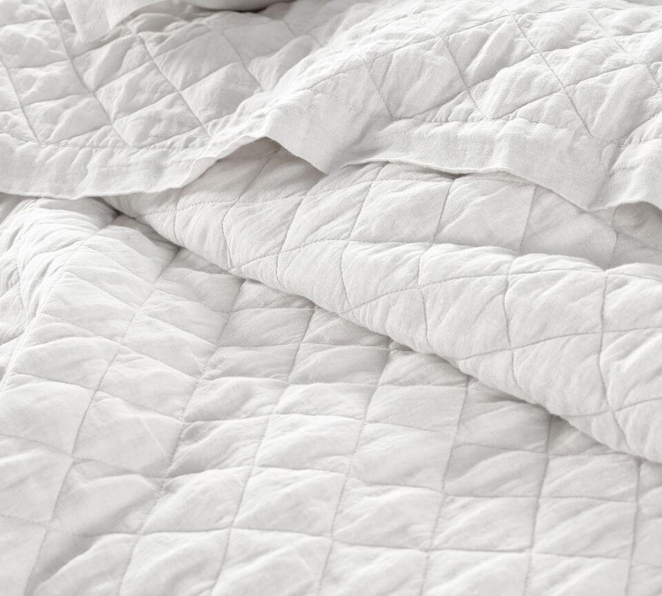 Belgian Flax Linen Diamond Coverlet & Pillowcases White Pottery